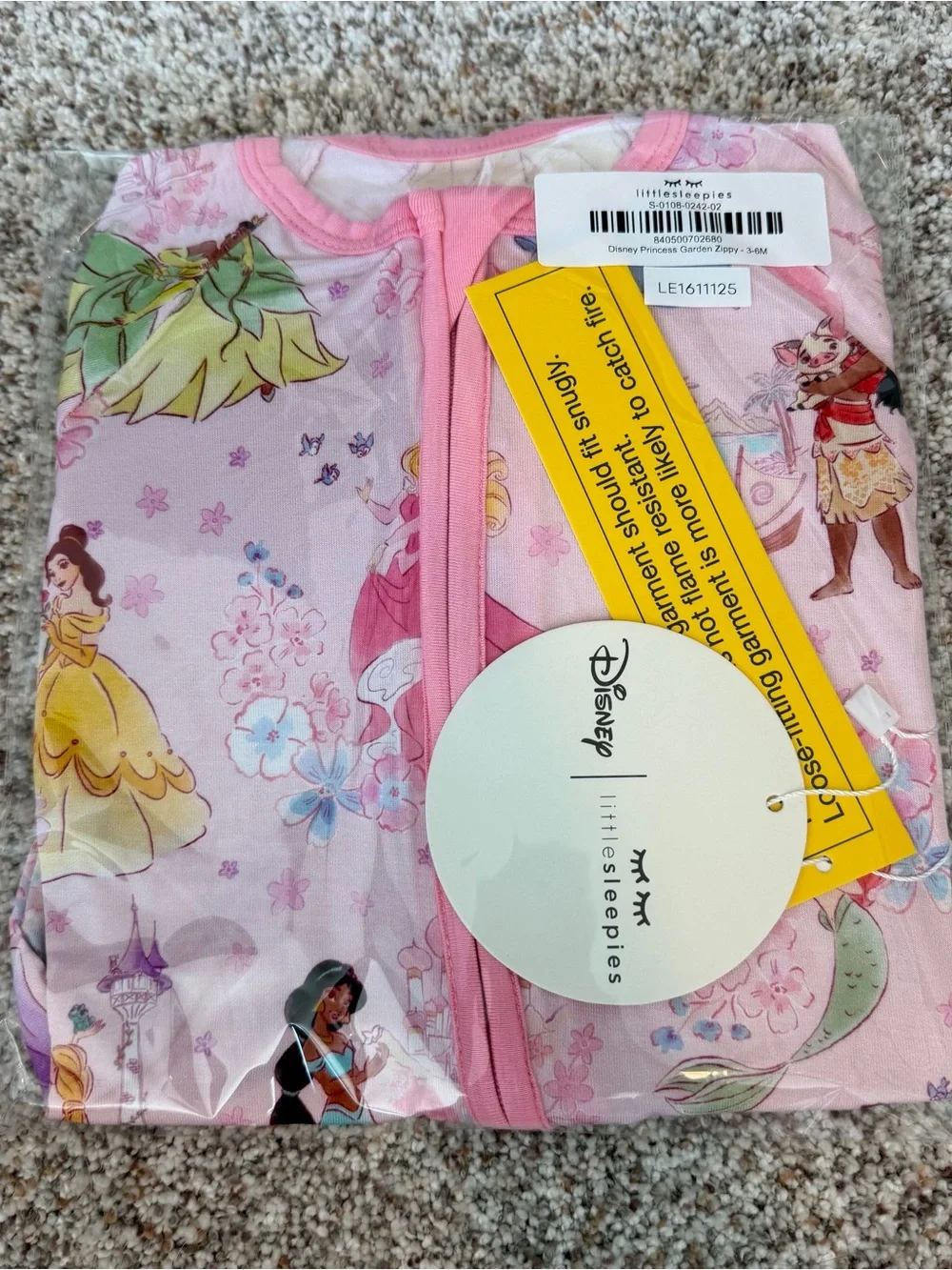 NWT 6-12M Little Sleepies Disney’s Princess Garden Pink Zippy
